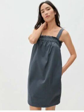 EVERLANE Ruffle Paperbag Dress | XS | Blue Gray Pockets Adjustable Strap Relaxed